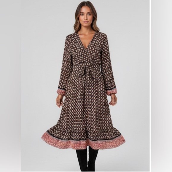 Diamond-Floral Print Lantern Sleeve Overlap Collar Belted Dress - Picture 4 of 6